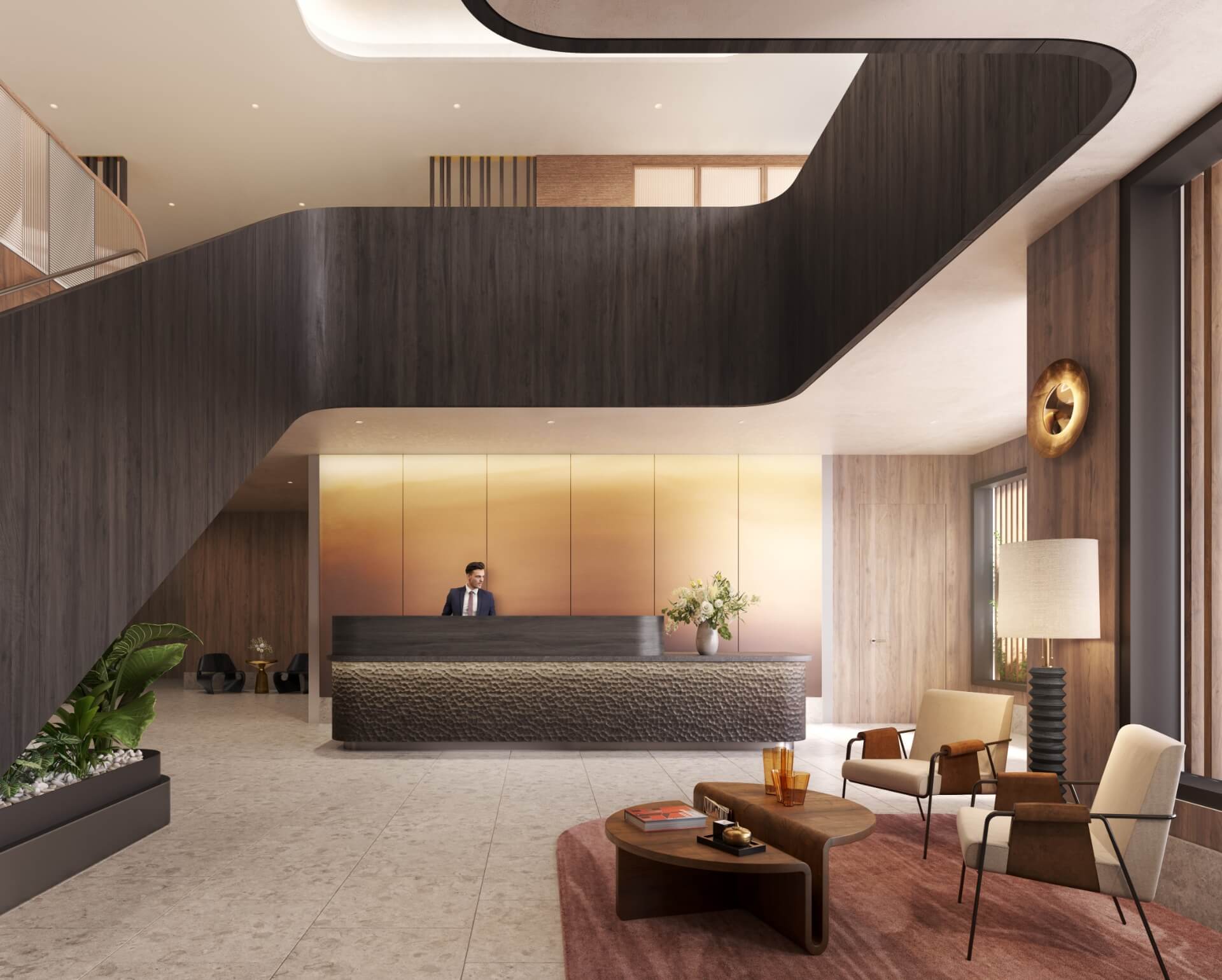 Lobby interior at The Daymark showcasing Shinnoki Frozen Walnut wall panels and millwork, providing warmth and architectural continuity.